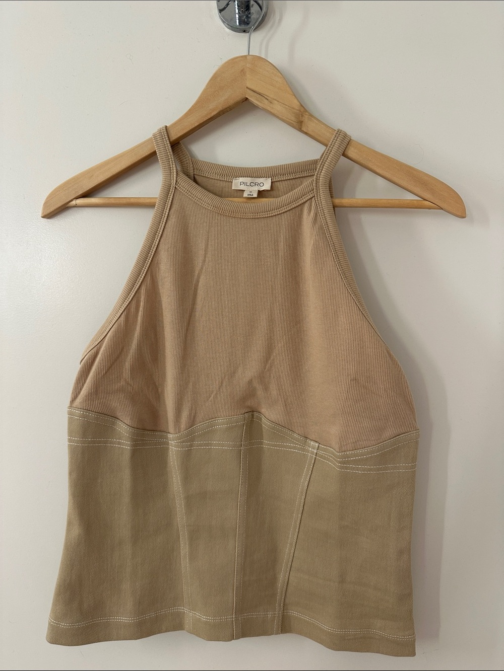 Pilcro Two-Tone Halter Tank Top in Light Beige and Khaki. By Anthropologie